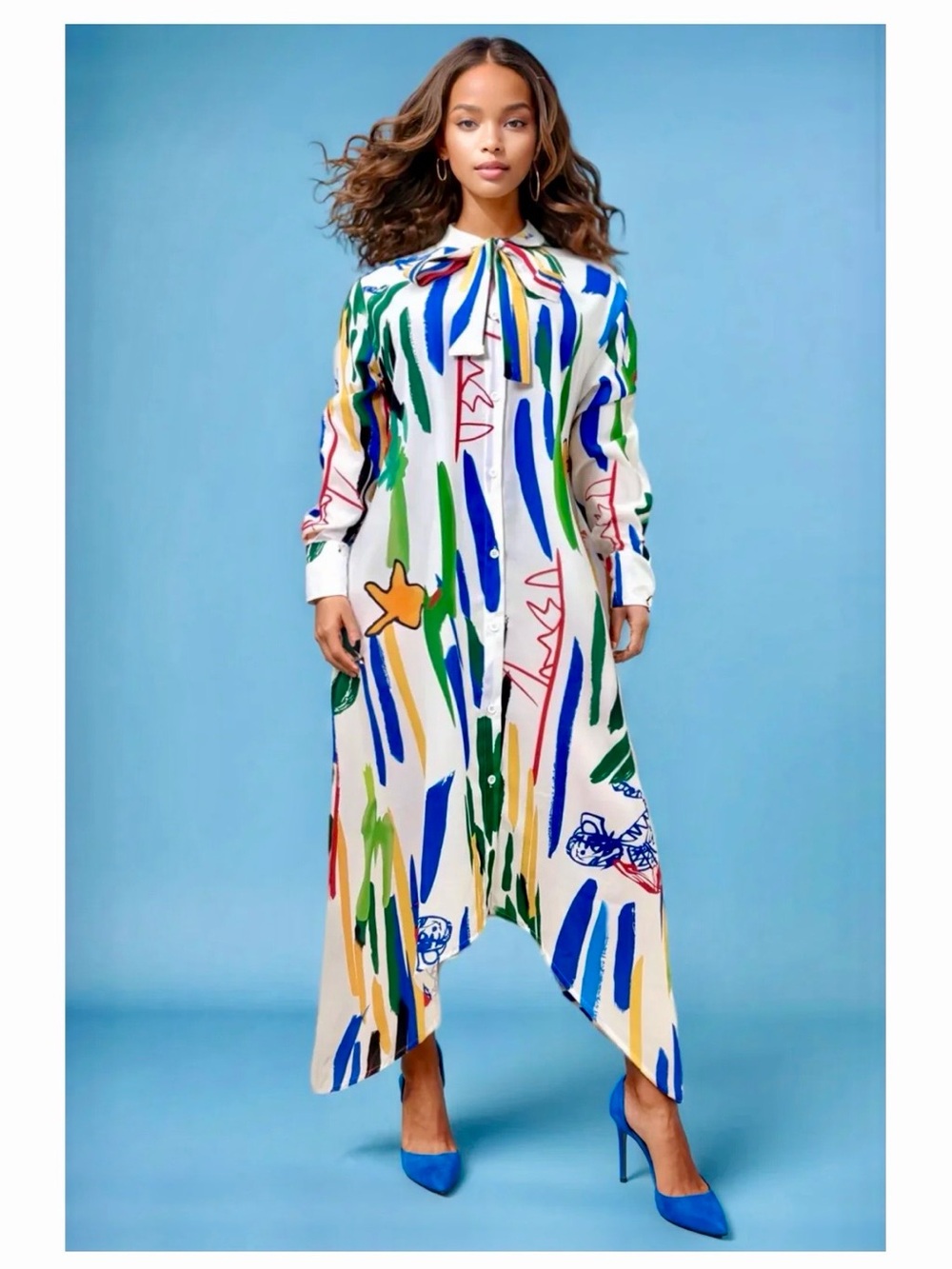Asymmetrical Button-Front Dress in White Multi-Color